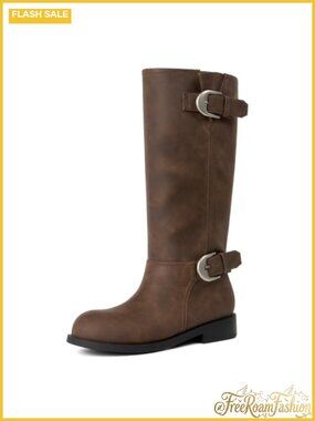 Womens Knee High Boots Faux Leather Low Block Heel Combat Tall Boots